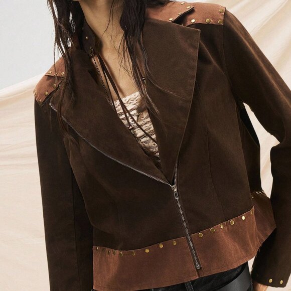 Multicolor Boho Women's Suede Fringe Jacket with Nomadic Rivets Tassel - Picture 7 of 8